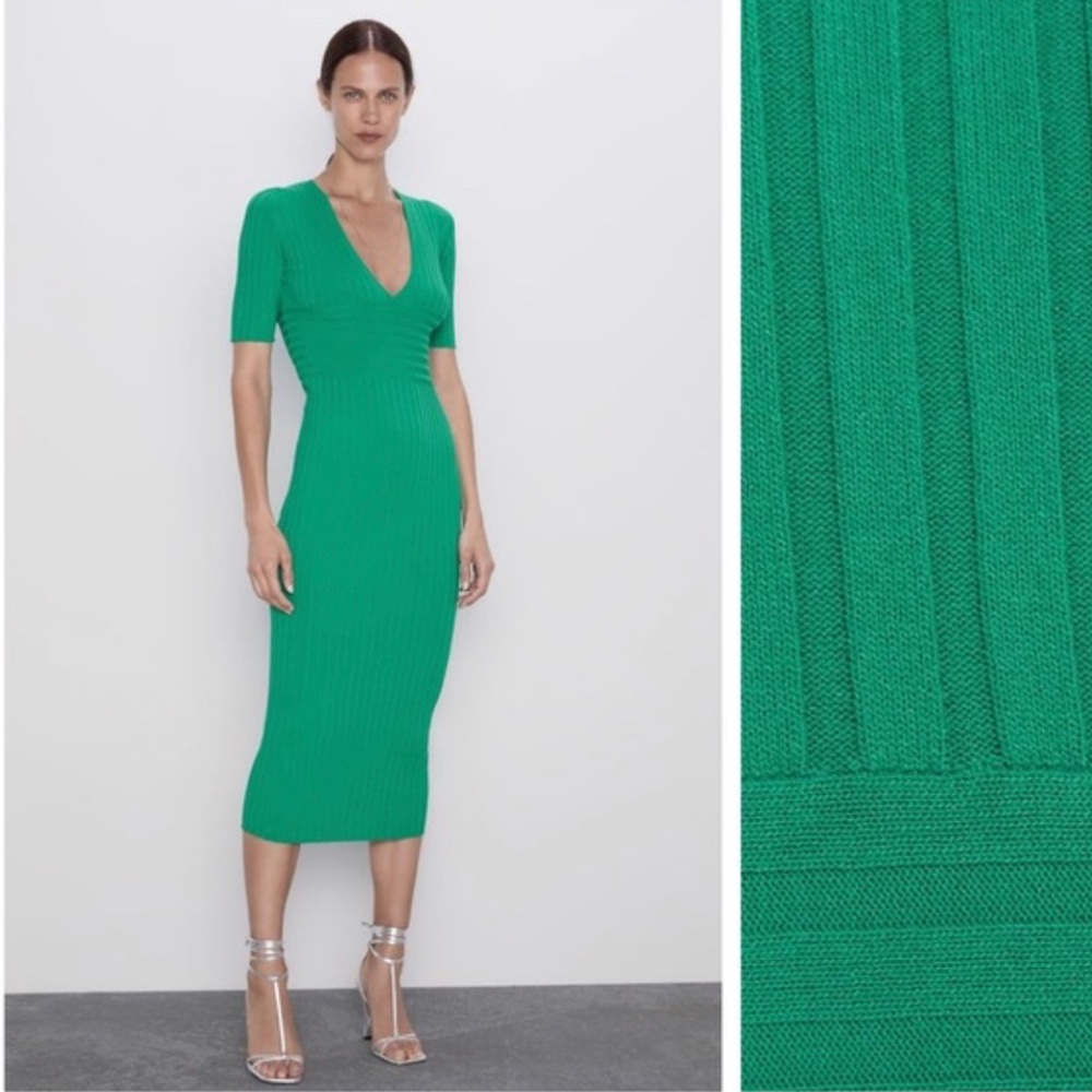 NWT. Zara Green Ribbed Knit Midi Dress. Size M - Picture 1 of 8